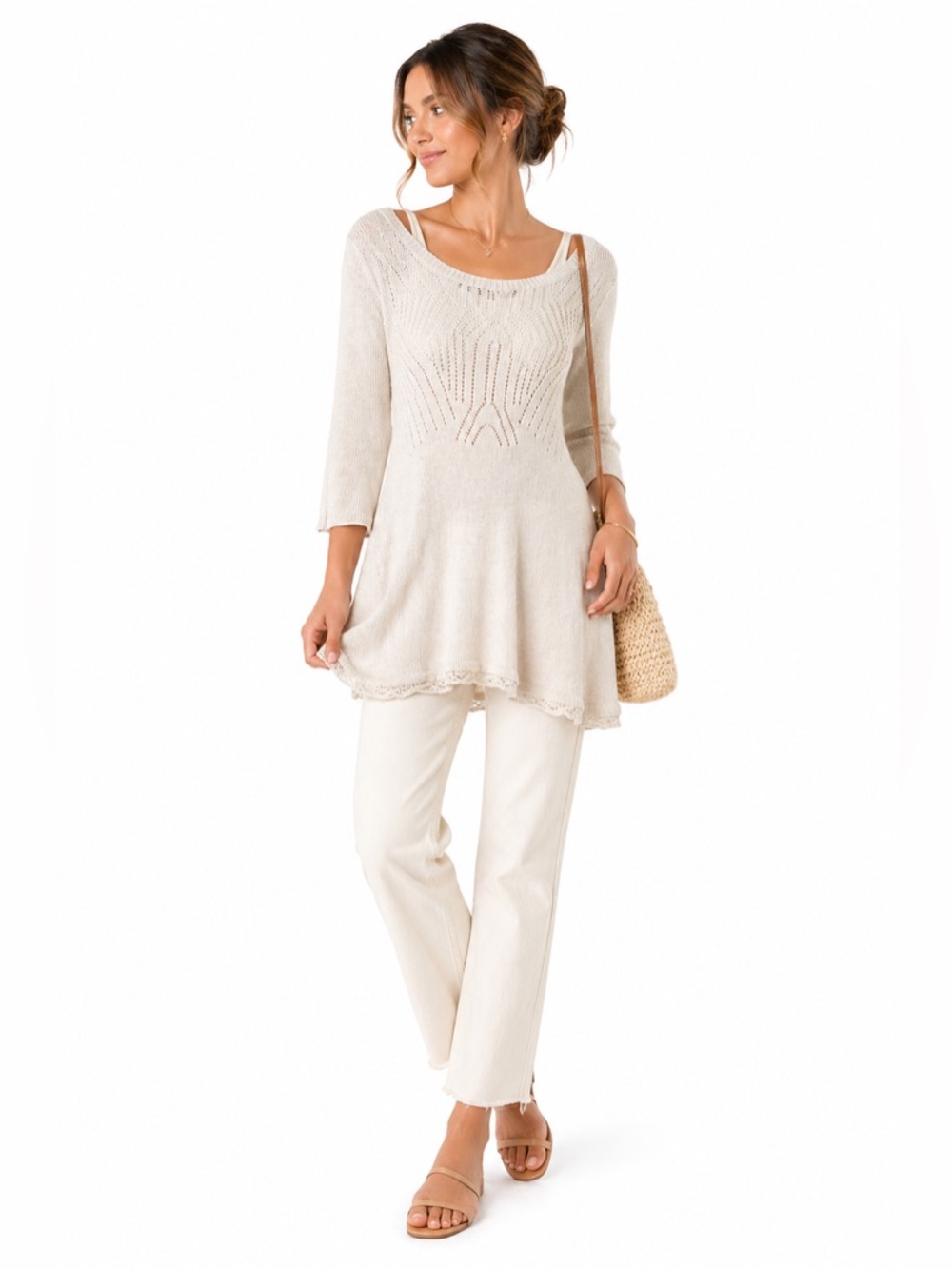 Anthro Knitted & Knotted Cream Boho Tunic Sweater Lace Trim Small